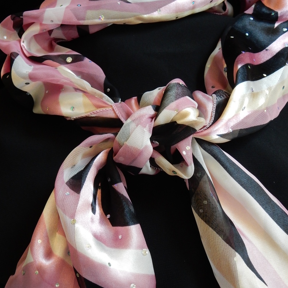 New Never Worn 13x58 Pink, Black, Tan Ivory Scarf